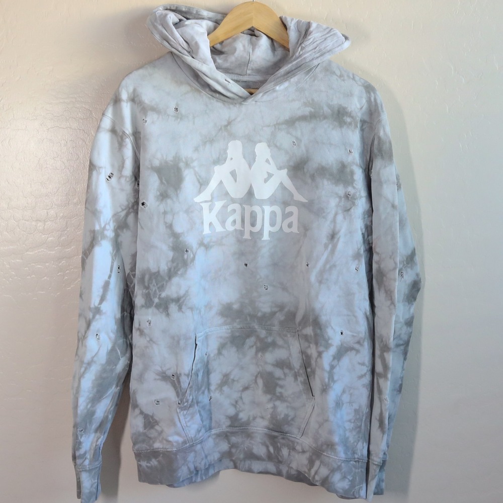 Kappa Distressed Tie Dye Hoodie Gray White Logo Hooded Sweatshirt